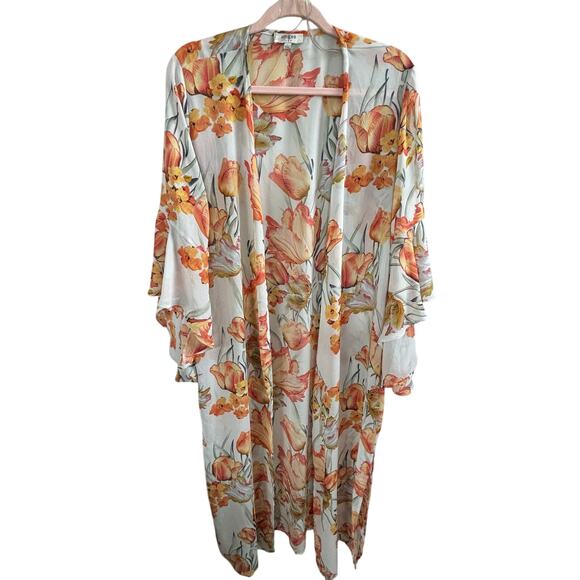 Umgee Other - Umgee Lightweight White and Orange Floral Bell Sleeve Duster Kimono Size Large